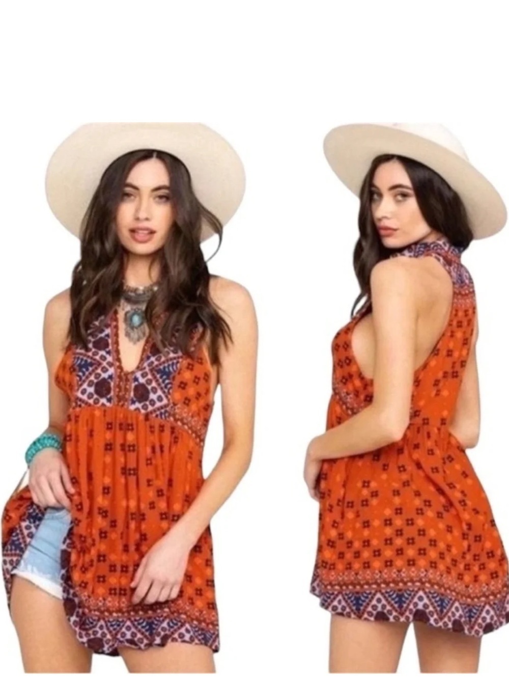 Free People Charlotte Sleeveless Burnt Orange Moroccan Print Tunic Top M